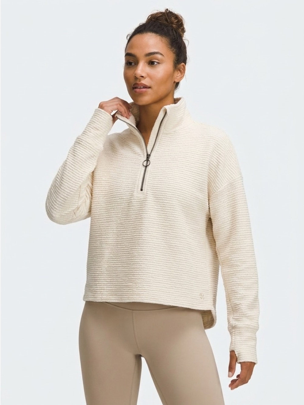 Sweaty Betty Rest Up Half Zip Pullover Textured Cream Ivory US 4 XS